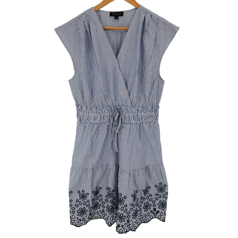 Rachel Zoe Womens Large Mini Dress Blue White Striped Eyelet Coastal Preppy Boho